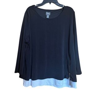 Chicos Travelers Tunic Top Womens Large Black White Hem Stretch Slinky Blouse